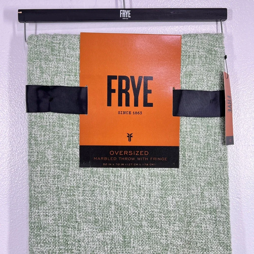 Frye‎ Oversized Marbled Throw Blanket Woven with Fringe Green 50 x 70 NEW Soft